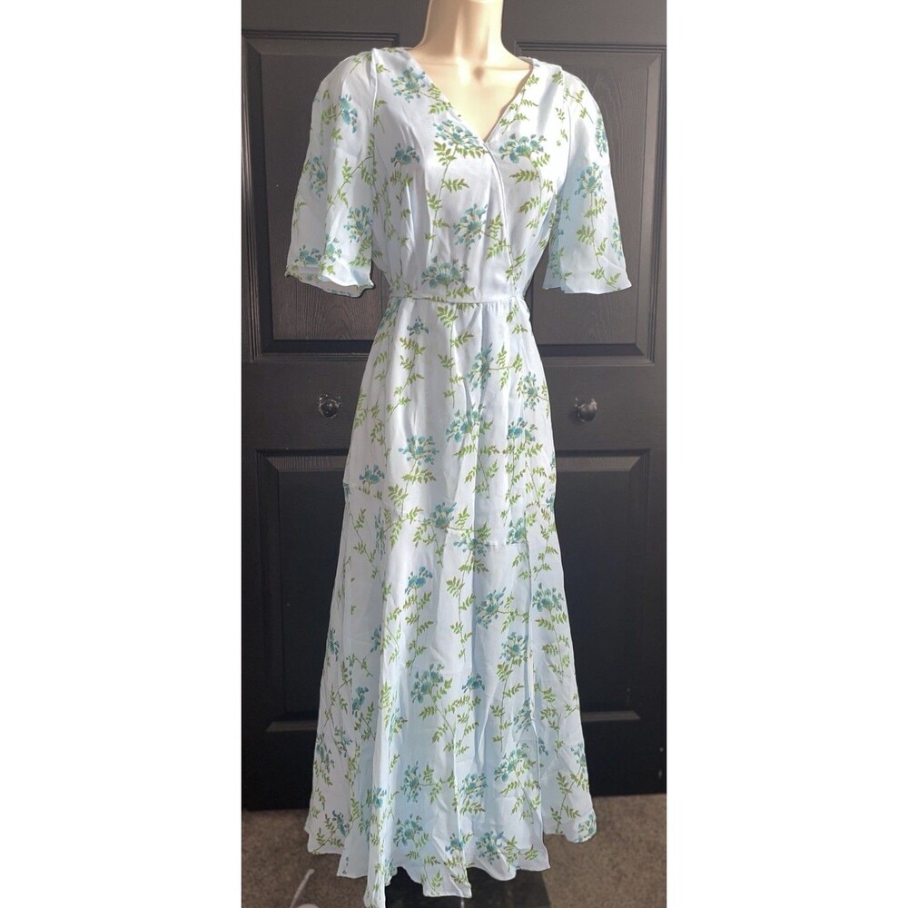 LK Bennett Dr Cole Blue Floral V Neck Belted Maxi Dress Womens UK10 US6 AW23